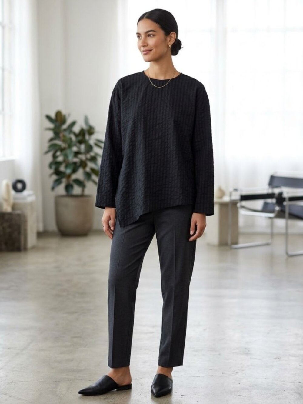 Massimo Dutti Flowy Long Sleeve Linen Blend Asymmetric Top Black Small Lagenlook